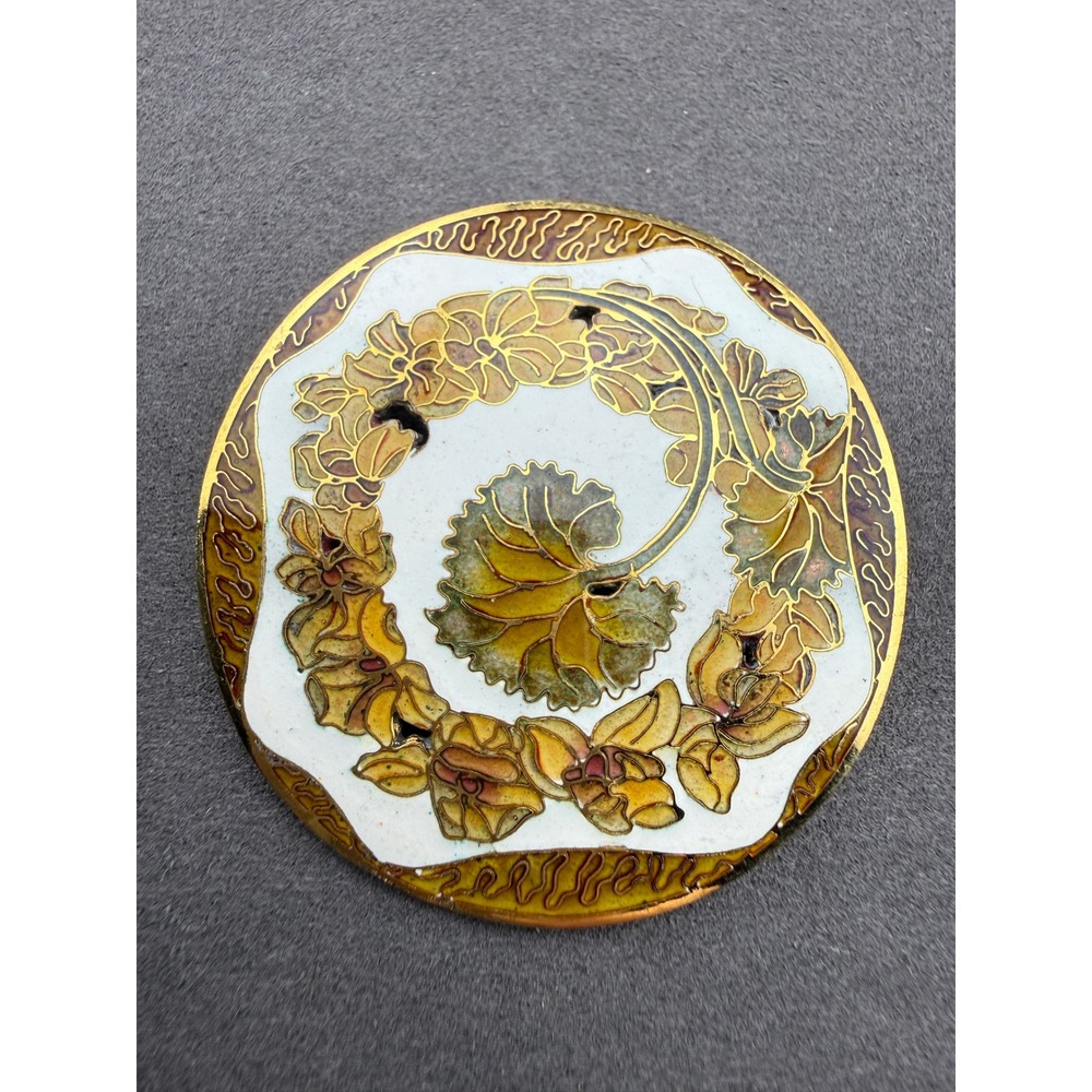 Vintage Cloisonne Enamel Floral Brooch Wreath Leaf Gold Tone Cottagecore